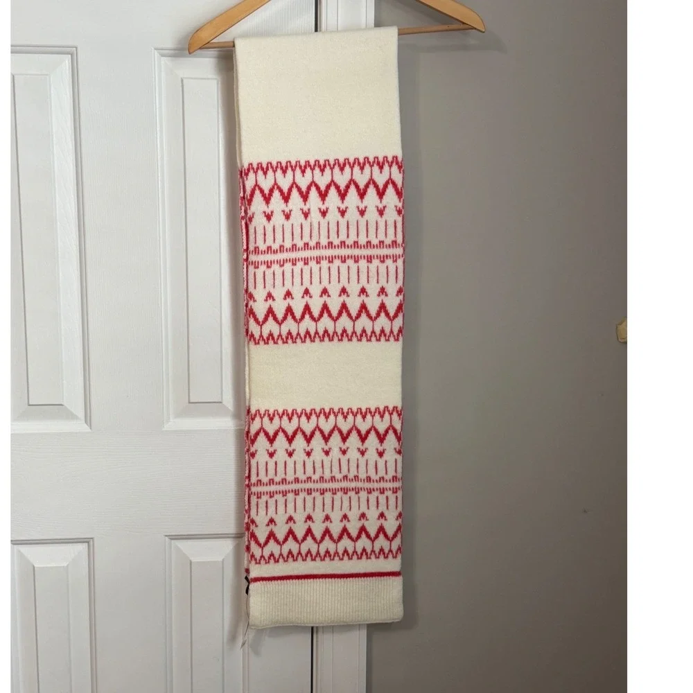 Talbots Fair Isle Heart Knit Scarf Womens Ivory Red Wool Blend Nordic Fisherman